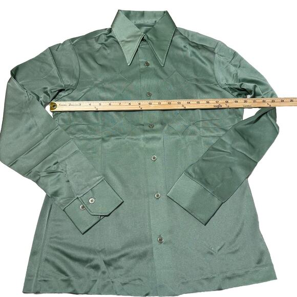 Vtg 70s Men’s Arnel Nylon Dress Shirt Long Sleeves Button Up Green Size M NWOT - Picture 6 of 7